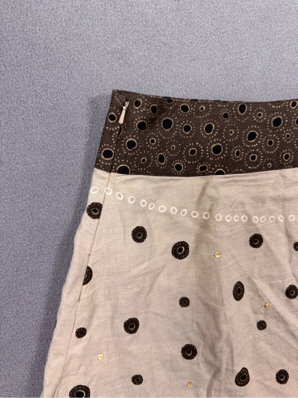 Liz Claiborne Vintage Cottagecore Fairy,Cream A-Line Skirt,Brown Floral Trim, 14